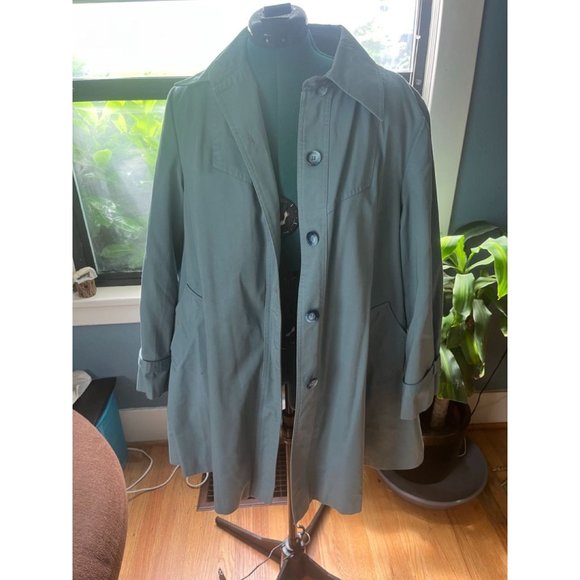 90s Grey Blue Trenchcoat with Brown Plaid Recycled Wool Removable Lining - Picture 1 of 7